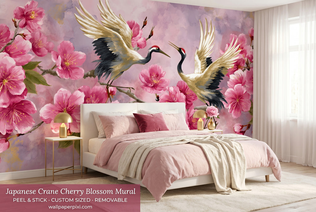 Japanese crane and cherry blossom wall mural pink watercolor peel and stick wallpaper
