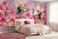 Japanese crane and cherry blossom wall mural pink watercolor peel and stick wallpaper
