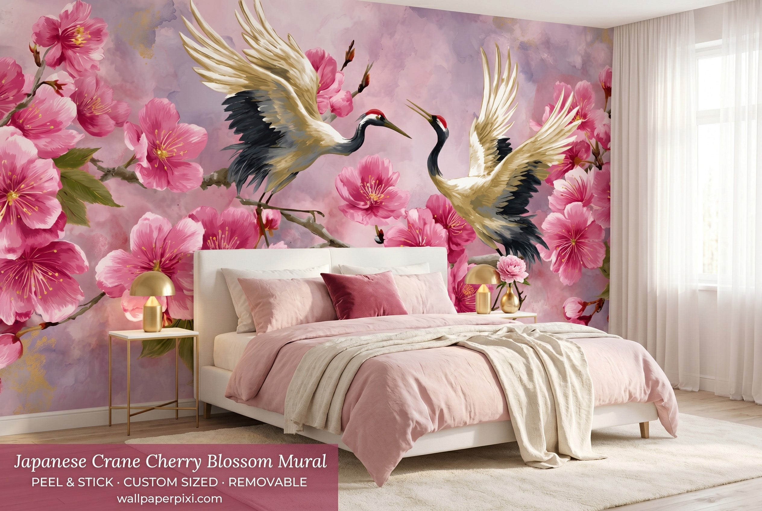 Japanese crane and cherry blossom wall mural pink watercolor peel and stick wallpaper
