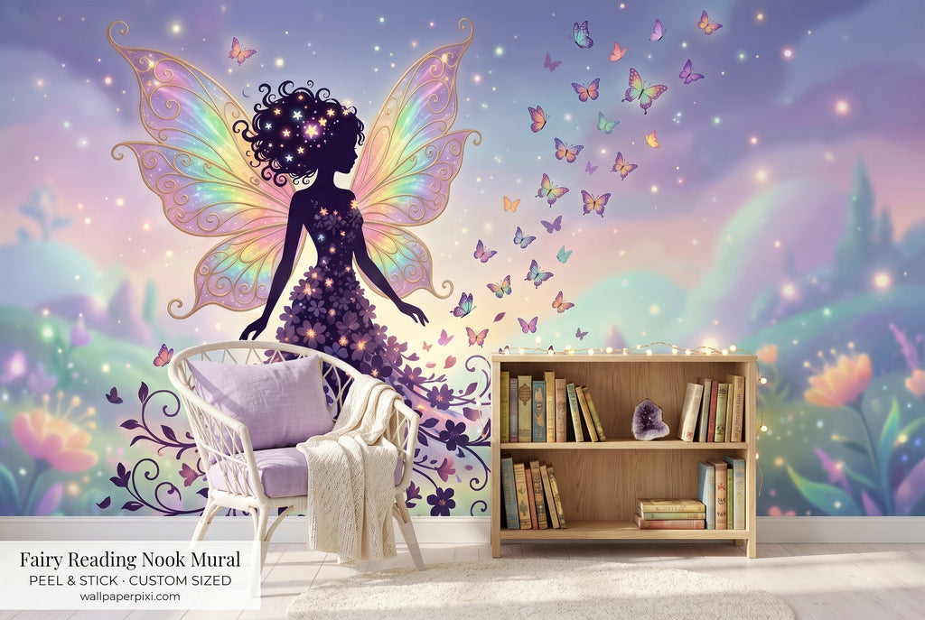 Fairy silhouette butterfly nursery mural in a bright girls reading nook with a white rattan chair lavender cushion fairy lights and children's books