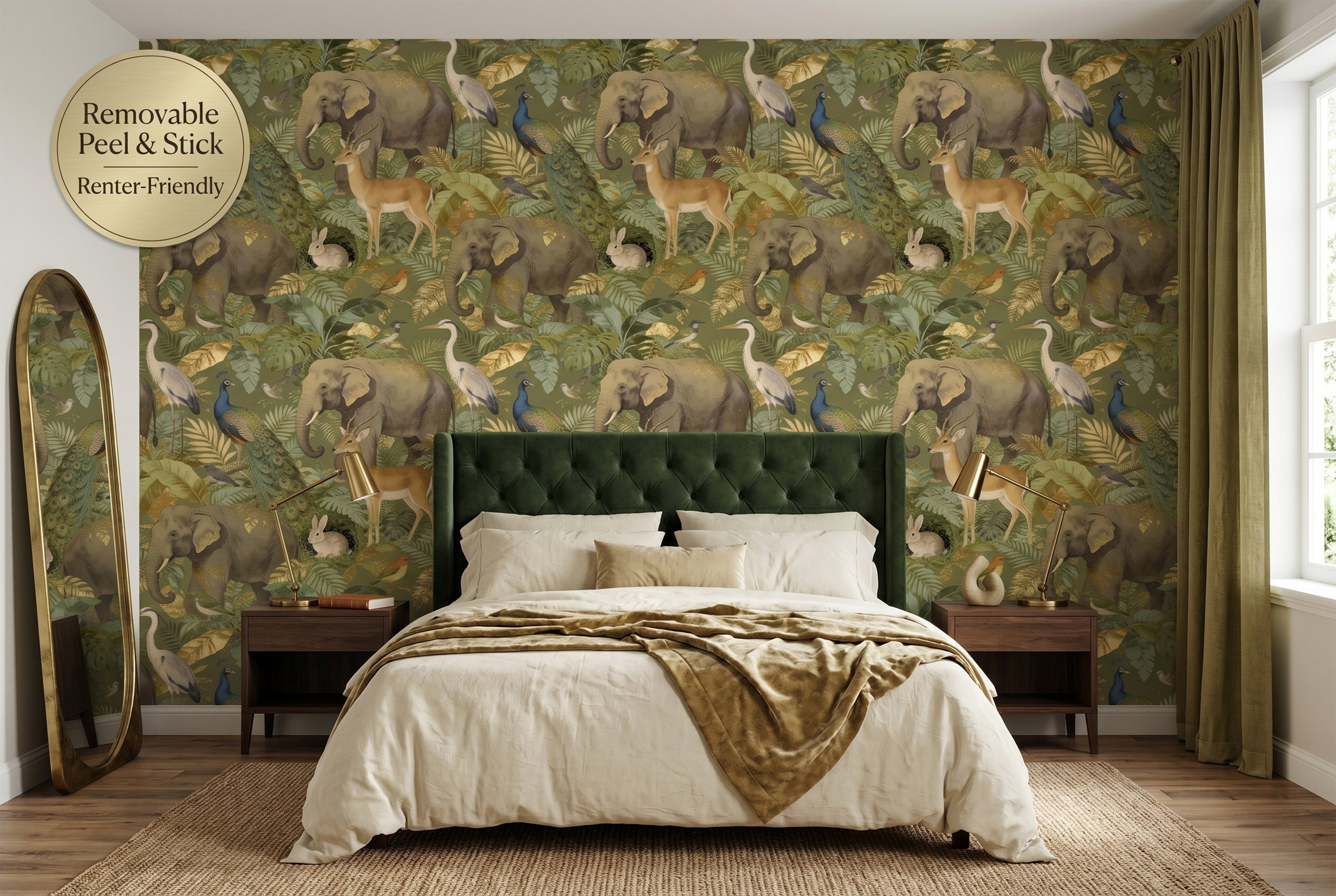 Safari Jungle Animal Wallpaper | Elephant Peacock Deer Tropical Nature Design
