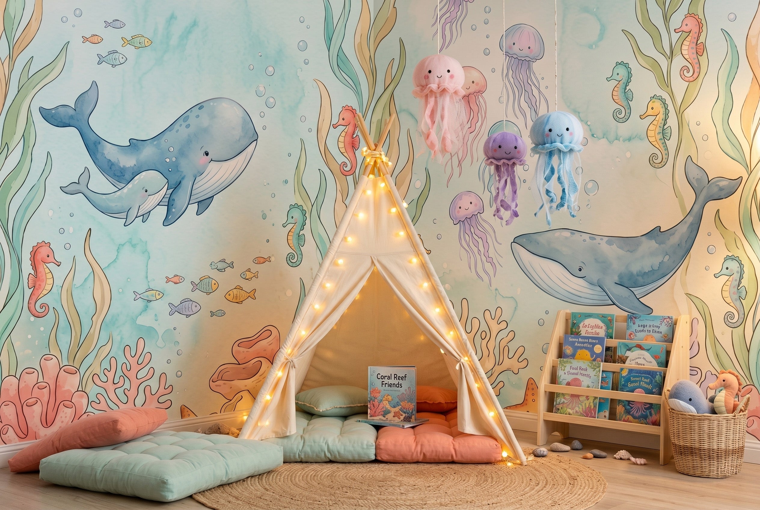Pastel watercolour under the sea nursery wallpaper featuring 
hand-painted whales, smiling jellyfish, seahorses, and colourful 
coral reef installed as a feature wall behind a white wooden 
crib in a soft, gender-neutral baby nursery with natural 
daylight.