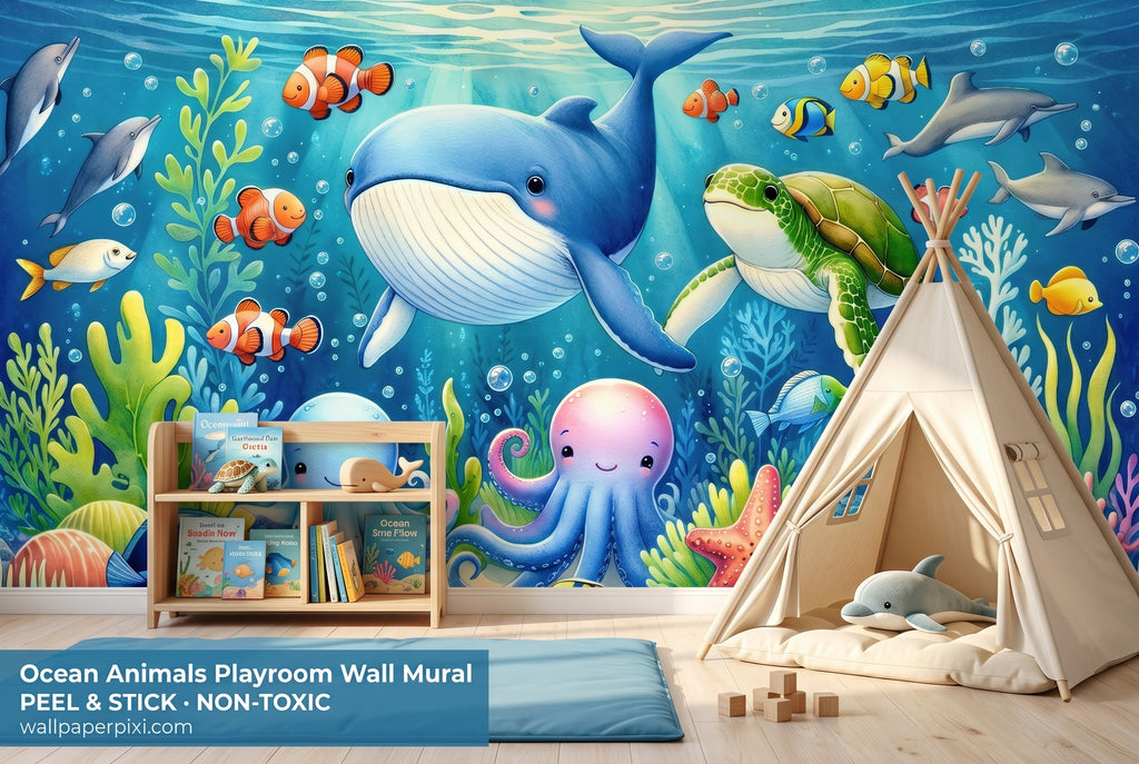 Underwater ocean wall mural in a bright kids playroom with a soft blue play mat wooden toys and ocean animal books.
