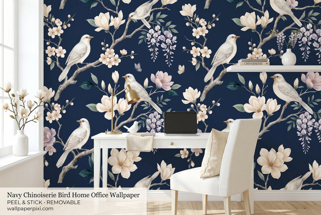 Navy chinoiserie bird wallpaper in a bright home office with a white desk brass lamp cream chair and fresh magnolia branch
