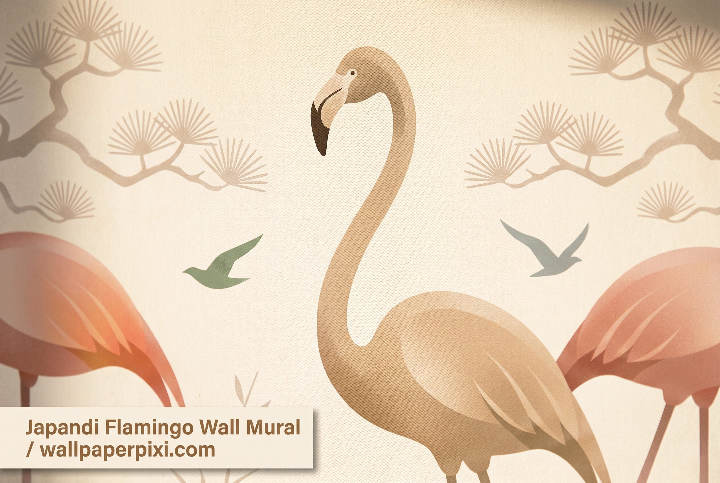 Neutral tone flamingo wall art peel and stick mural for home office