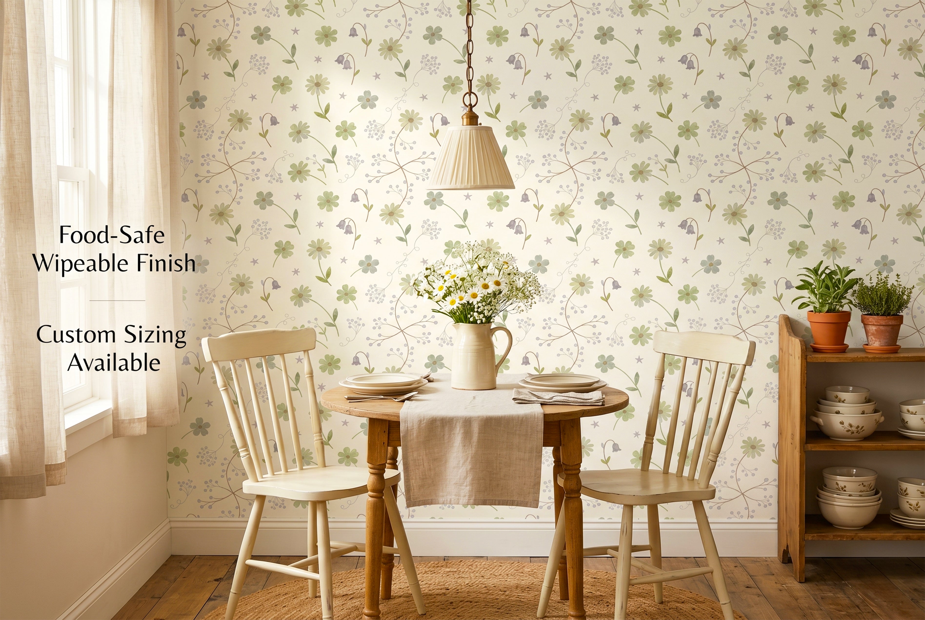 Sage Green Wildflower Wallpaper | Daisy & Bluebell Cottagecore Print