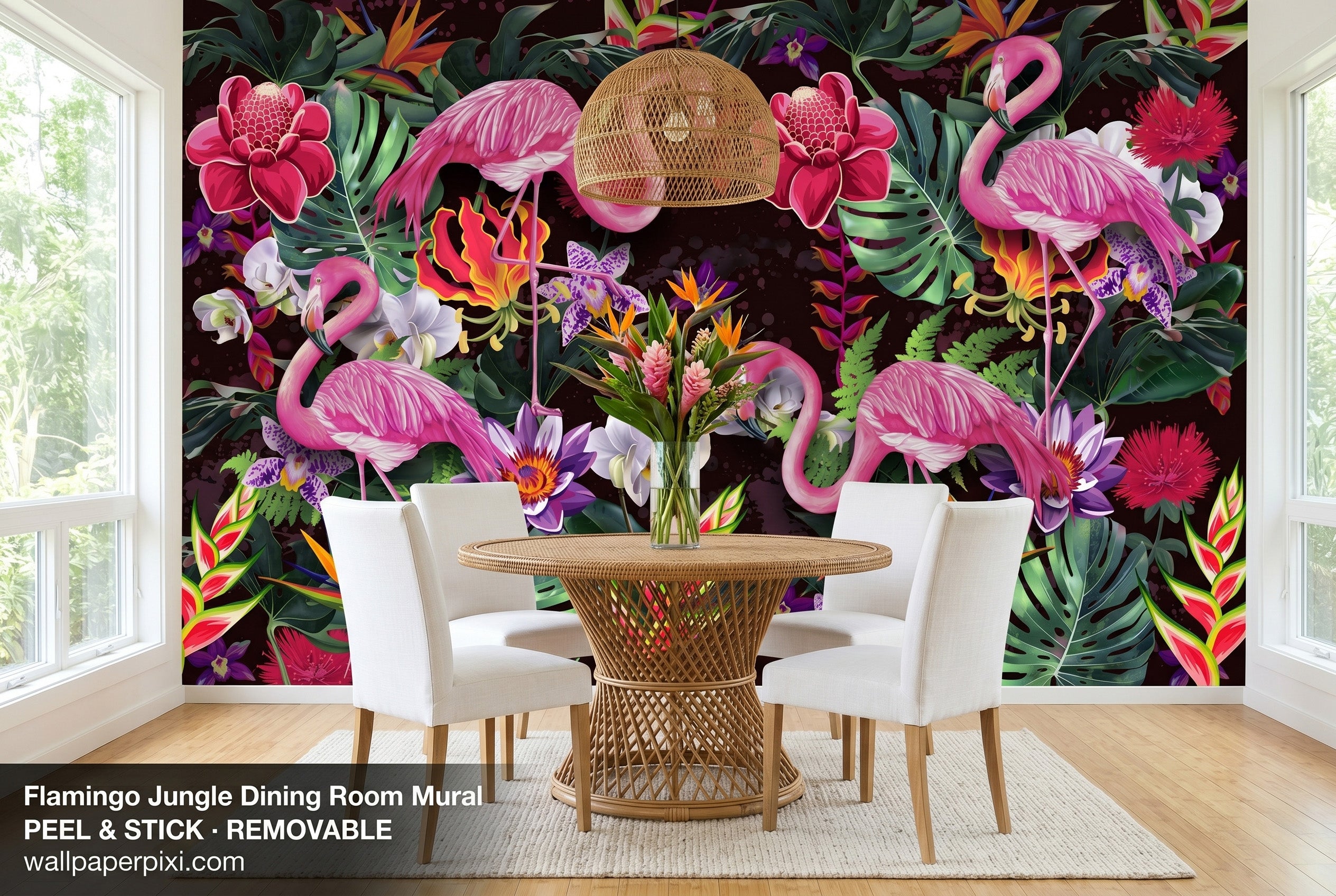 Flamingo tropical wallpaper mural accent wall in a bright dining room with rattan table white chairs and fresh tropical flowers