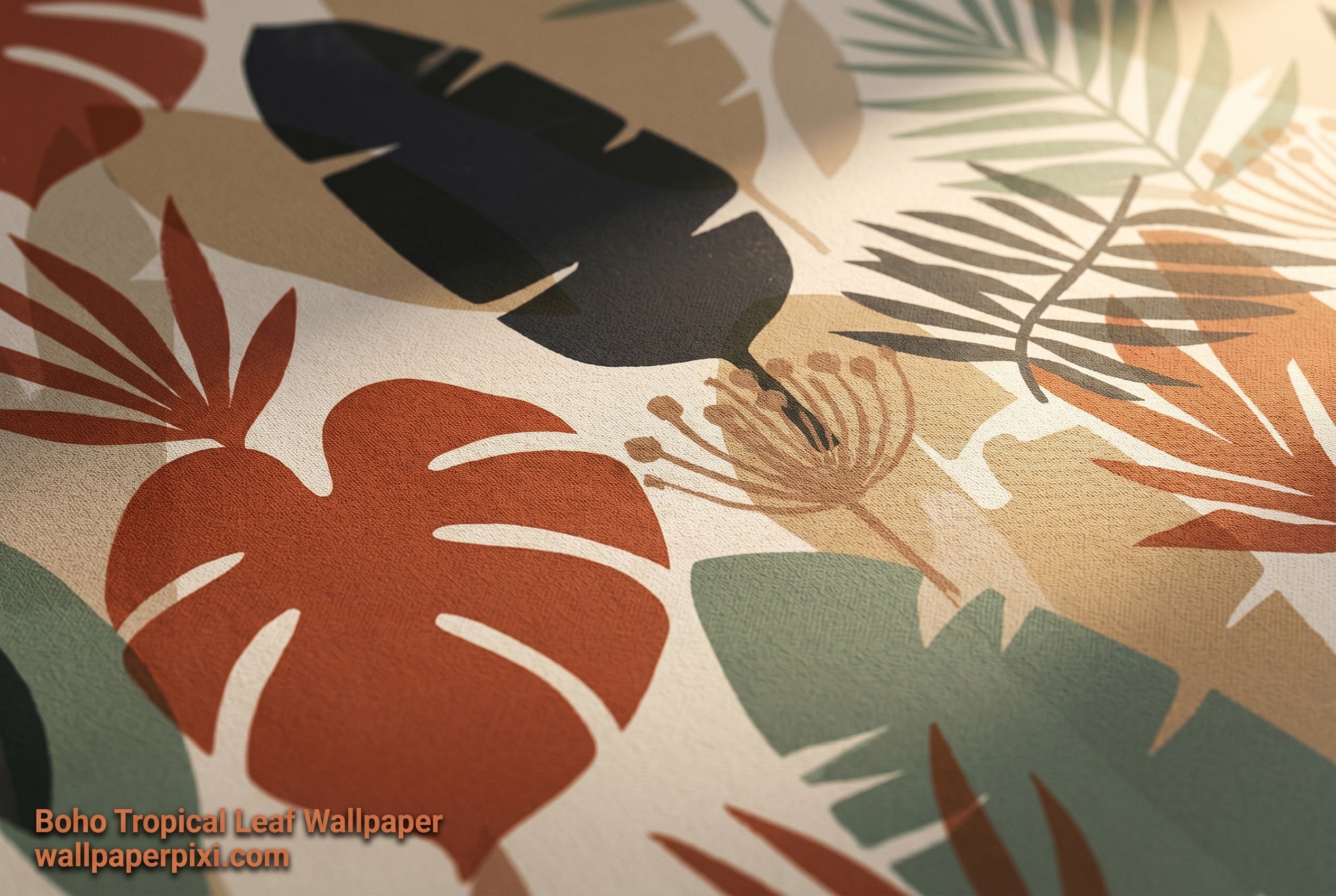 Close-up detail of boho tropical leaf wallpaper showing monstera palm and banana leaf shapes in terracotta sage charcoal and taupe with layered transparency on cream