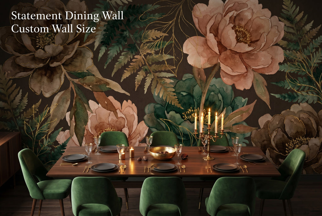 Moody luxe dark botanical mural in a glamorous candlelit dining room.