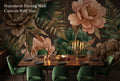 Moody luxe dark botanical mural in a glamorous candlelit dining room.