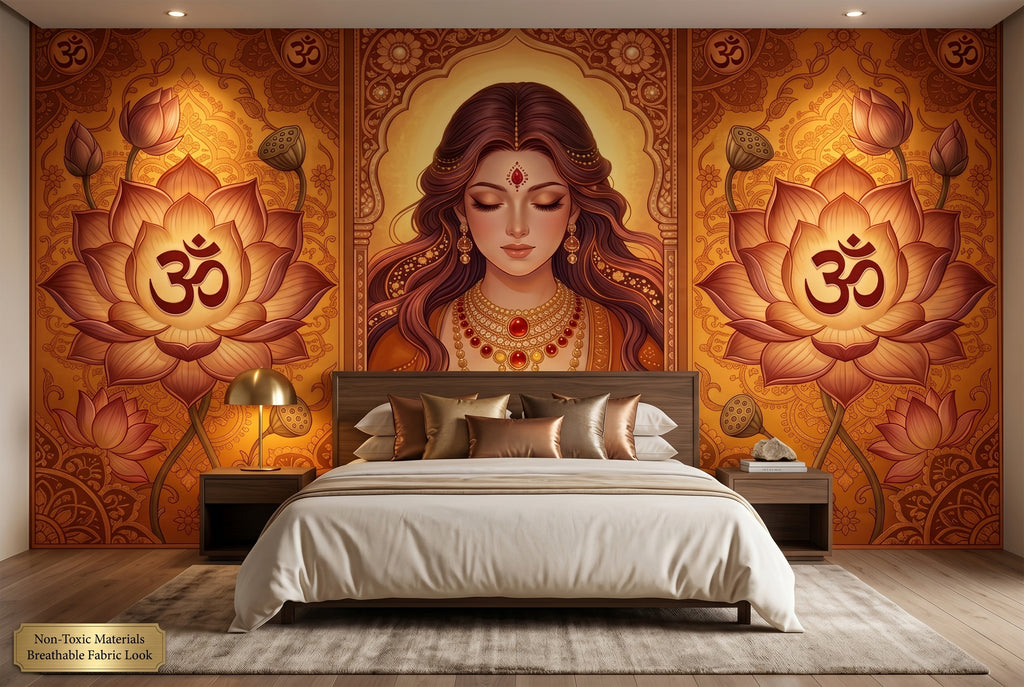 Golden Goddess Lotus Om Wall Mural | Indian Spiritual Triptych