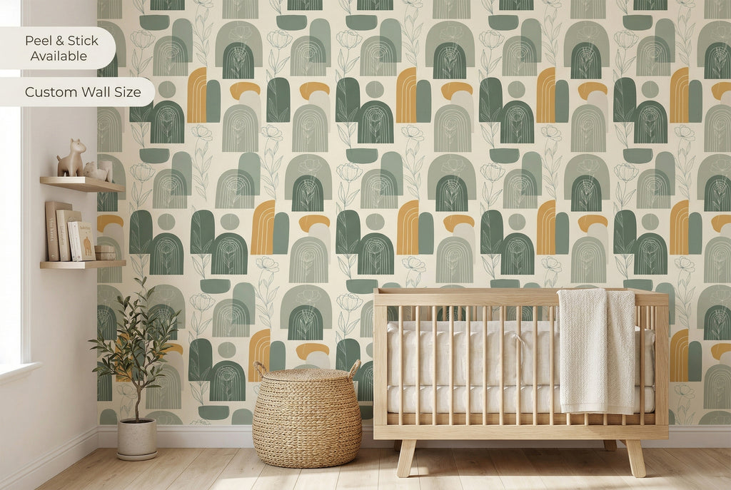 Sage Green Boho Arch Botanical Wallpaper | Minimalist Geometric Floral Design