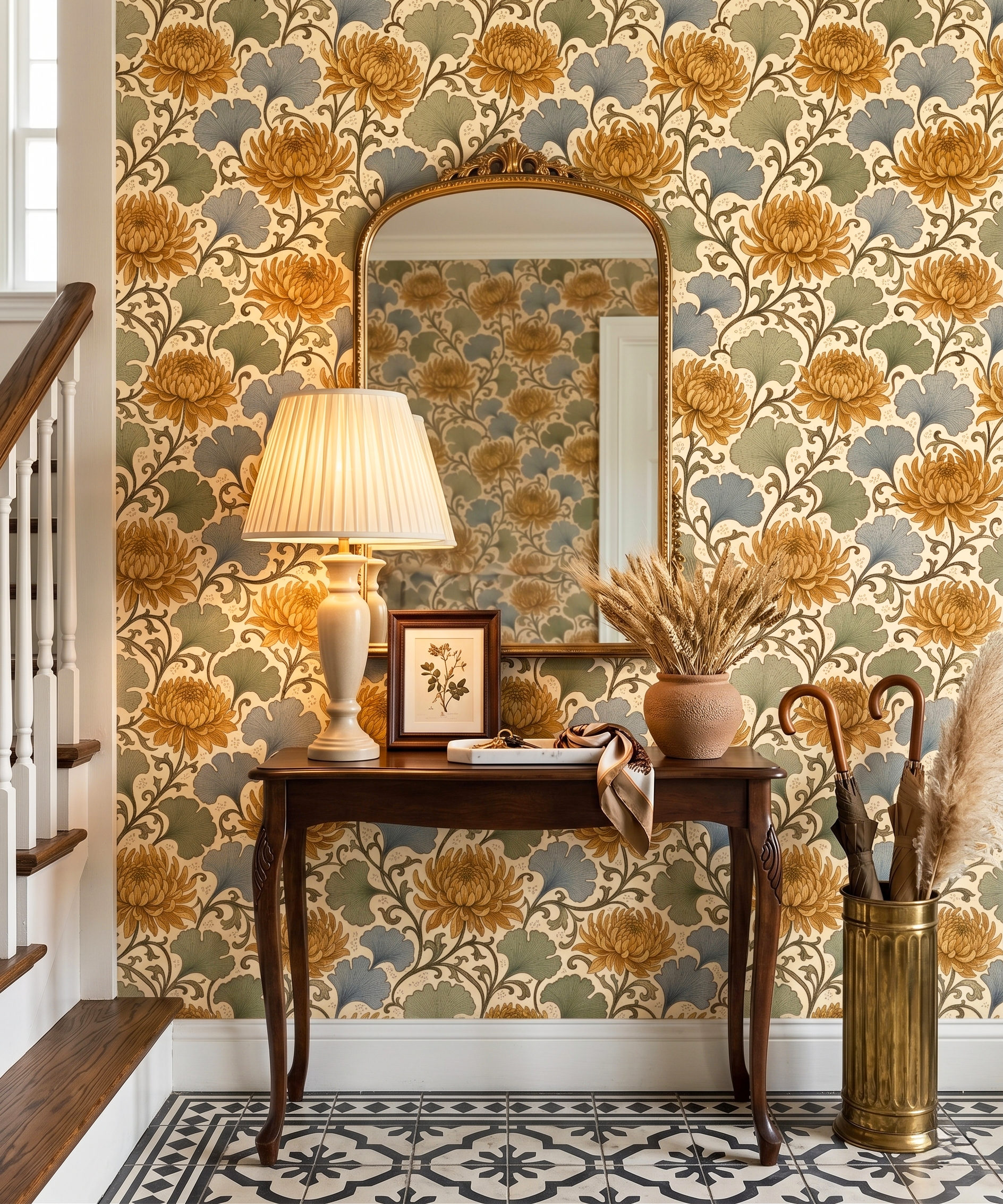 Vintage Art Nouveau chrysanthemum wallpaper styled in a luxury living room with warm timber furniture, velvet upholstery, and aged brass accents — peel and stick or traditional paste wallpaper by WallpaperPixi