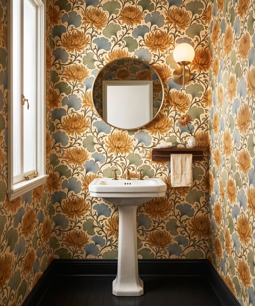 Vintage Floral Art Nouveau Wallpaper Chrysanthemum & Ginkgo Botanical Pattern for Living Room and Bedroom