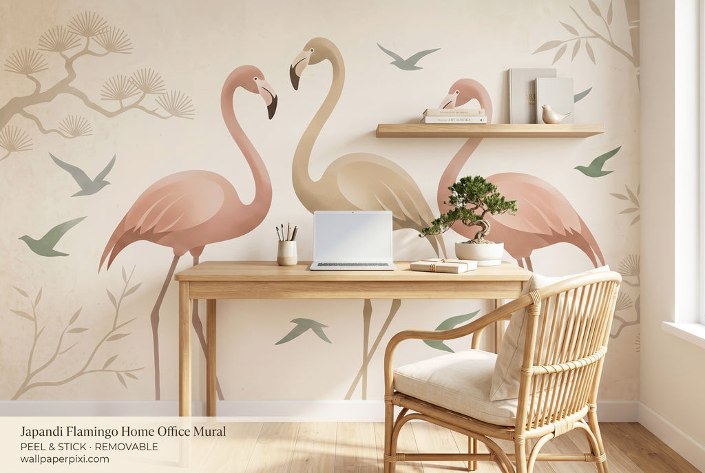 Removable Japandi wall mural with elegant flamingos in boho bedroom