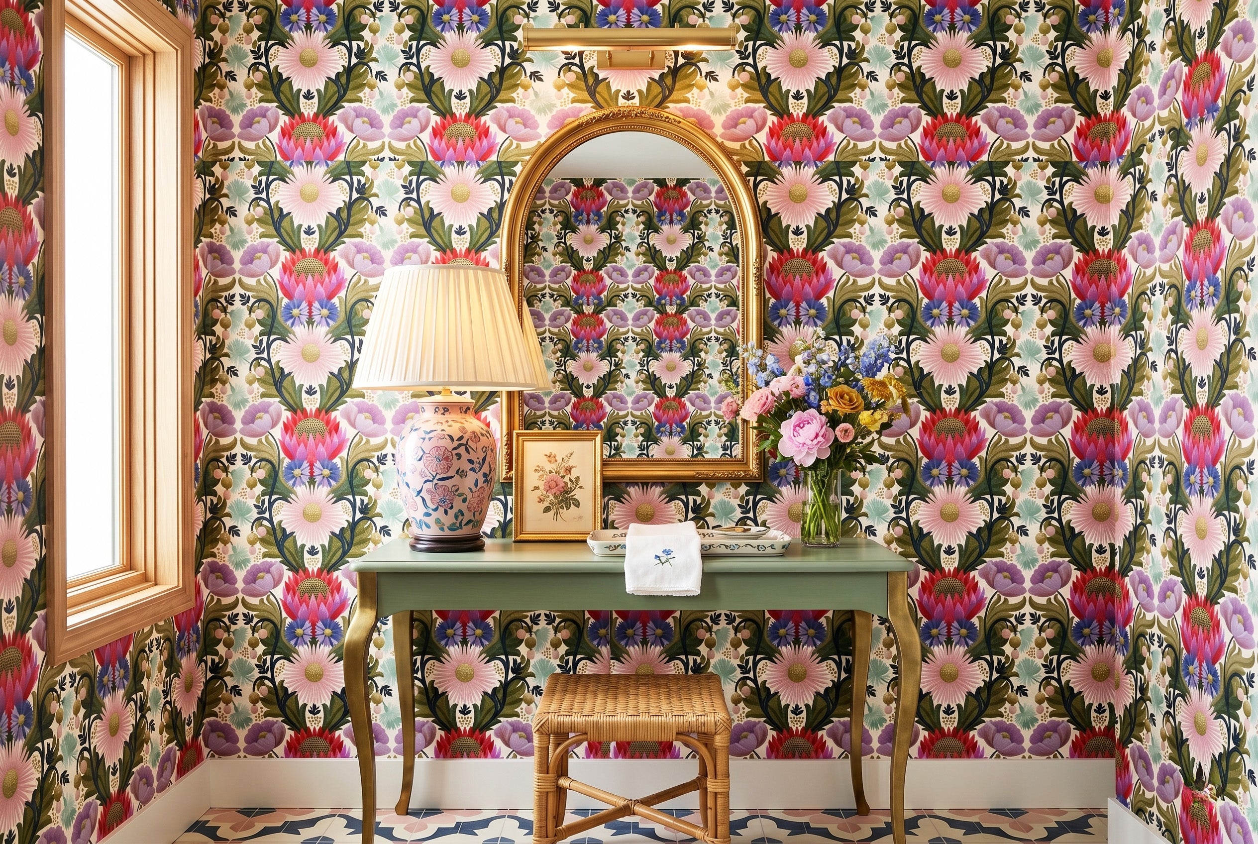 Folk Floral Wallpaper Maximalist Botanical Living Room