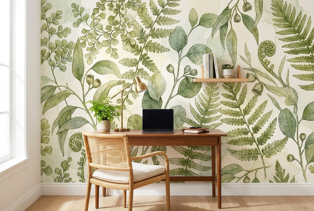 Sage Green Botanical Wall Mural | Fern and Eucalyptus Watercolour Peel and Stick Wallpaper