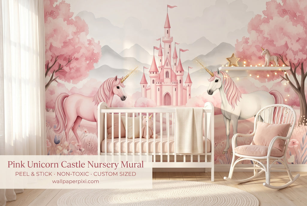 Pink unicorn castle wall mural in a bright girls nursery with a white crib blush pink bedding fairy lights and a unicorn plush toy.