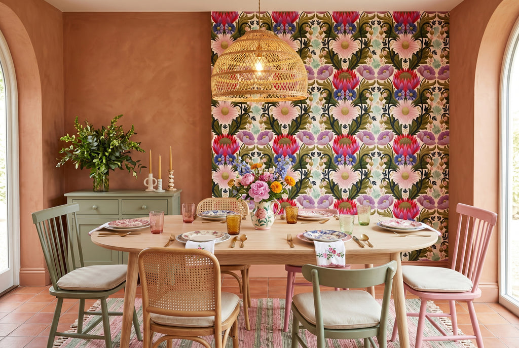 Folk Floral Wallpaper Maximalist Botanical Living Room