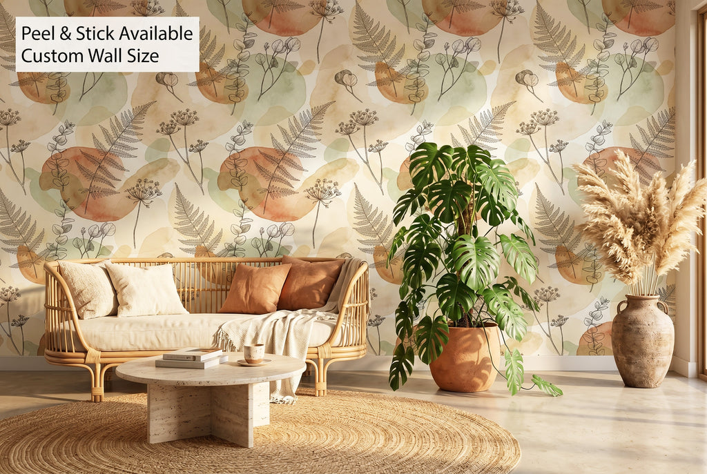 Botanical Wallpaper | Sage Green Boho Watercolour Fern Eucalyptus Design