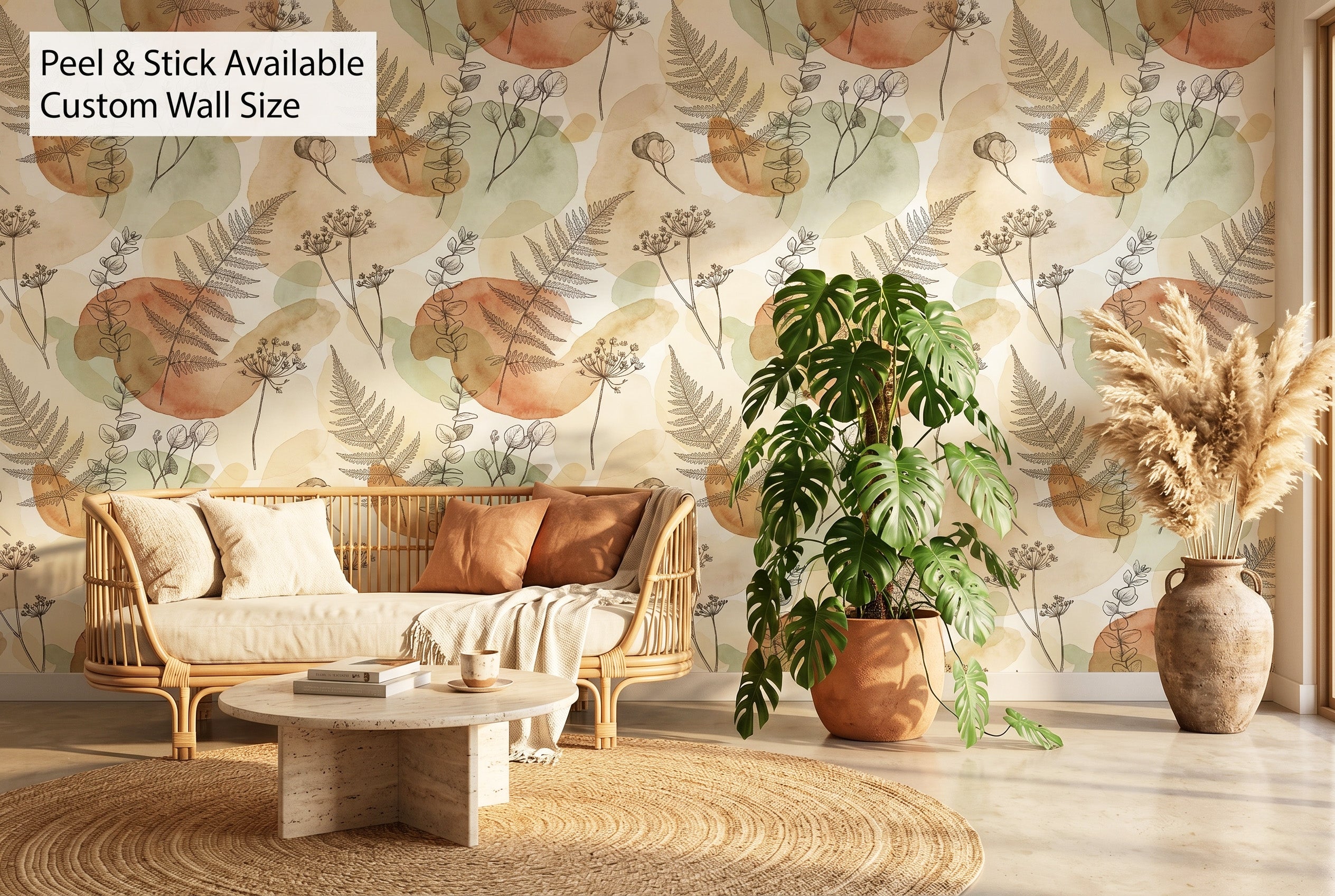 Botanical Wallpaper | Sage Green Boho Watercolour Fern Eucalyptus Design