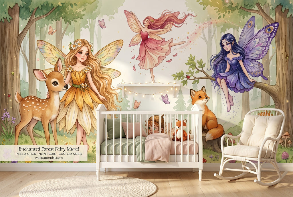 Enchanted forest fairy wall mural in a bright dreamy girls nursery with a white crib blush and sage bedding warm morning light and fairy lights on a floating shelf