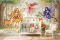 Enchanted forest fairy wall mural in a bright dreamy girls nursery with a white crib blush and sage bedding warm morning light and fairy lights on a floating shelf