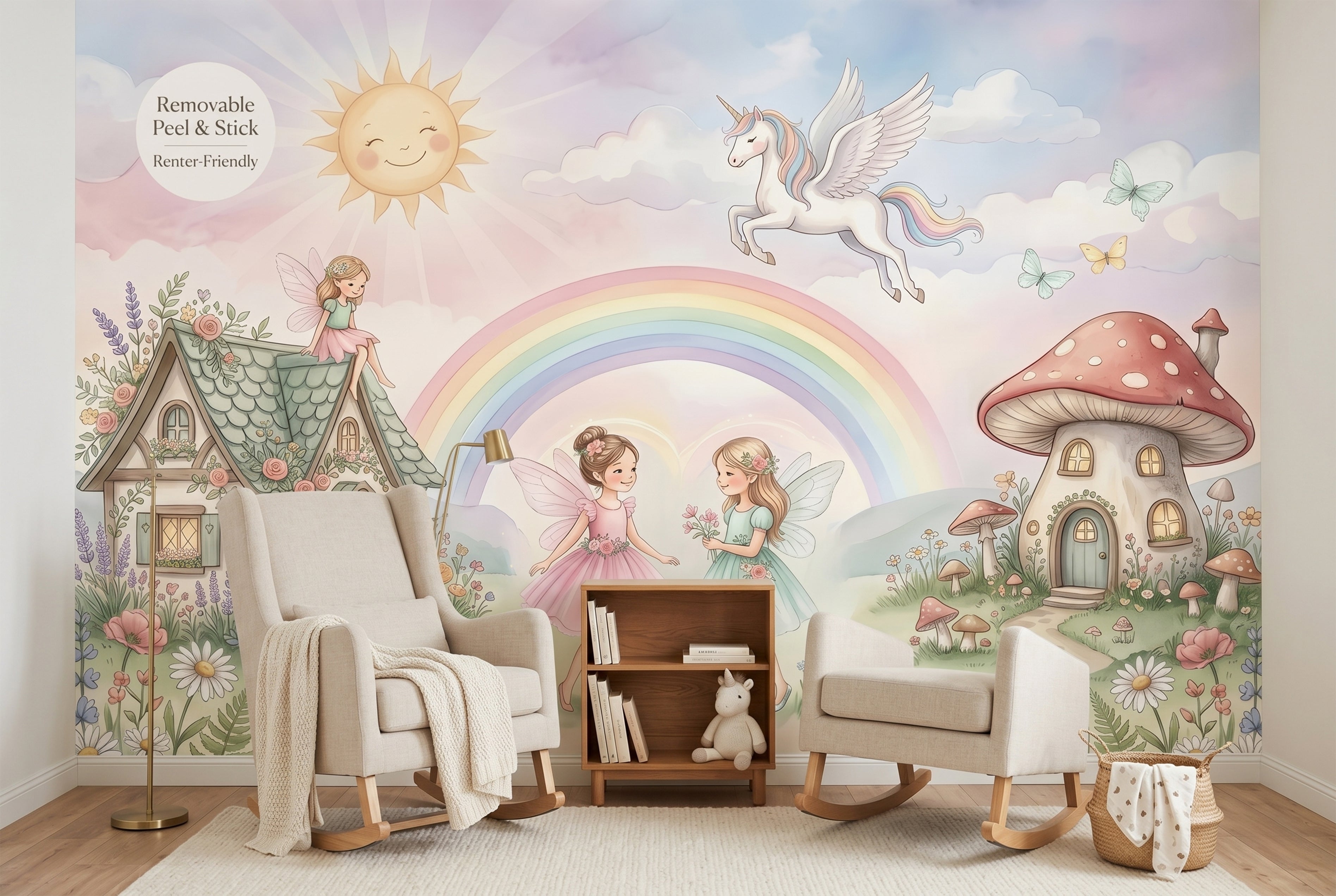 Fairy Garden Rainbow Unicorn Wall Mural | Magical Watercolour Nursery Design
