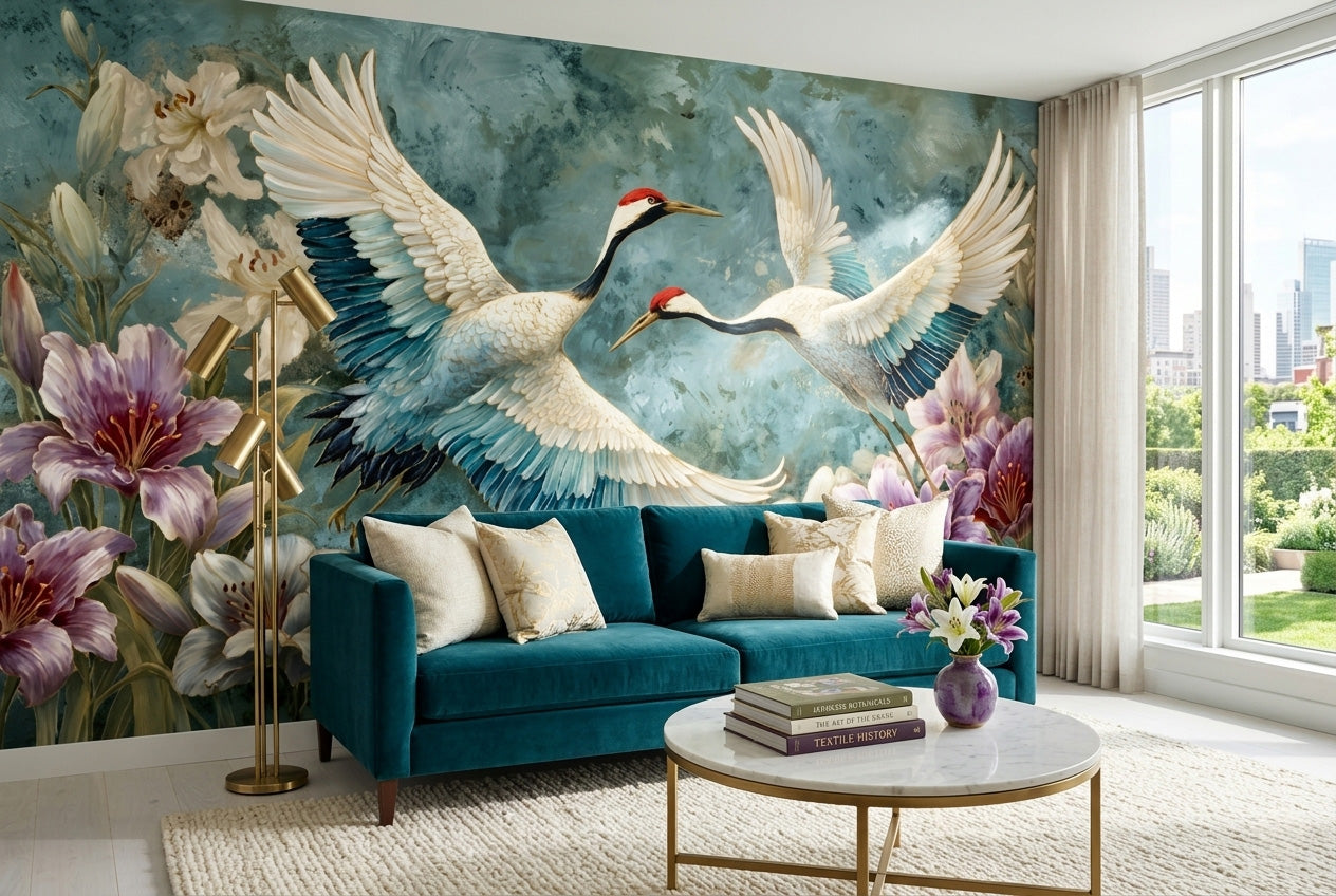 Japanese crane bird wallpaper mural in a bright modern living room behind a teal velvet sofa with cream and gold cushions