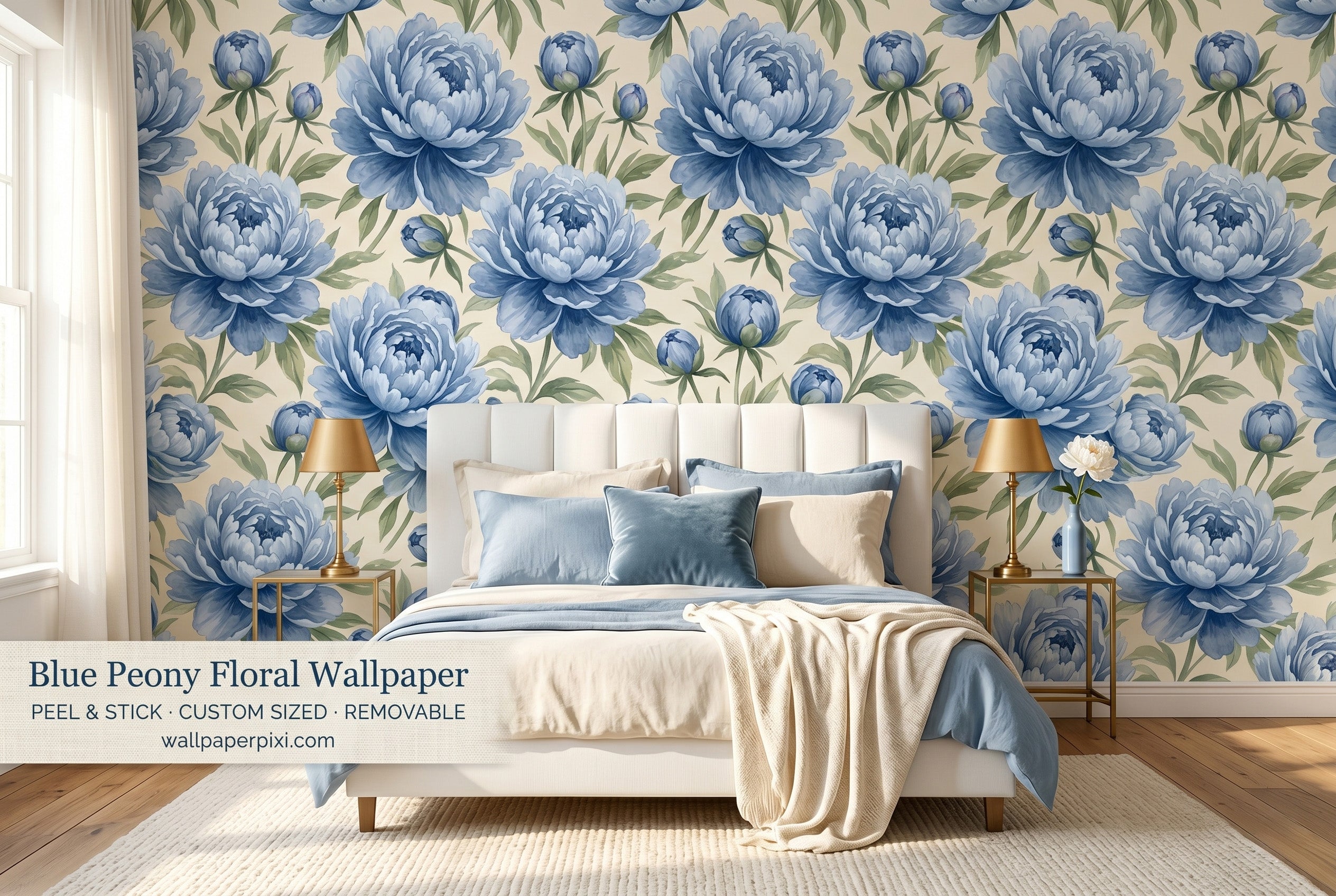 Blue peony floral wallpaper in a bright romantic bedroom with a white upholstered bed blue and cream bedding brass accents and warm morning light