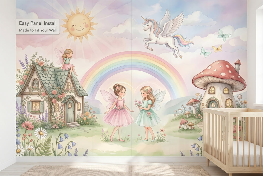 Fairy Garden Rainbow Unicorn Wall Mural | Magical Watercolour Nursery Design