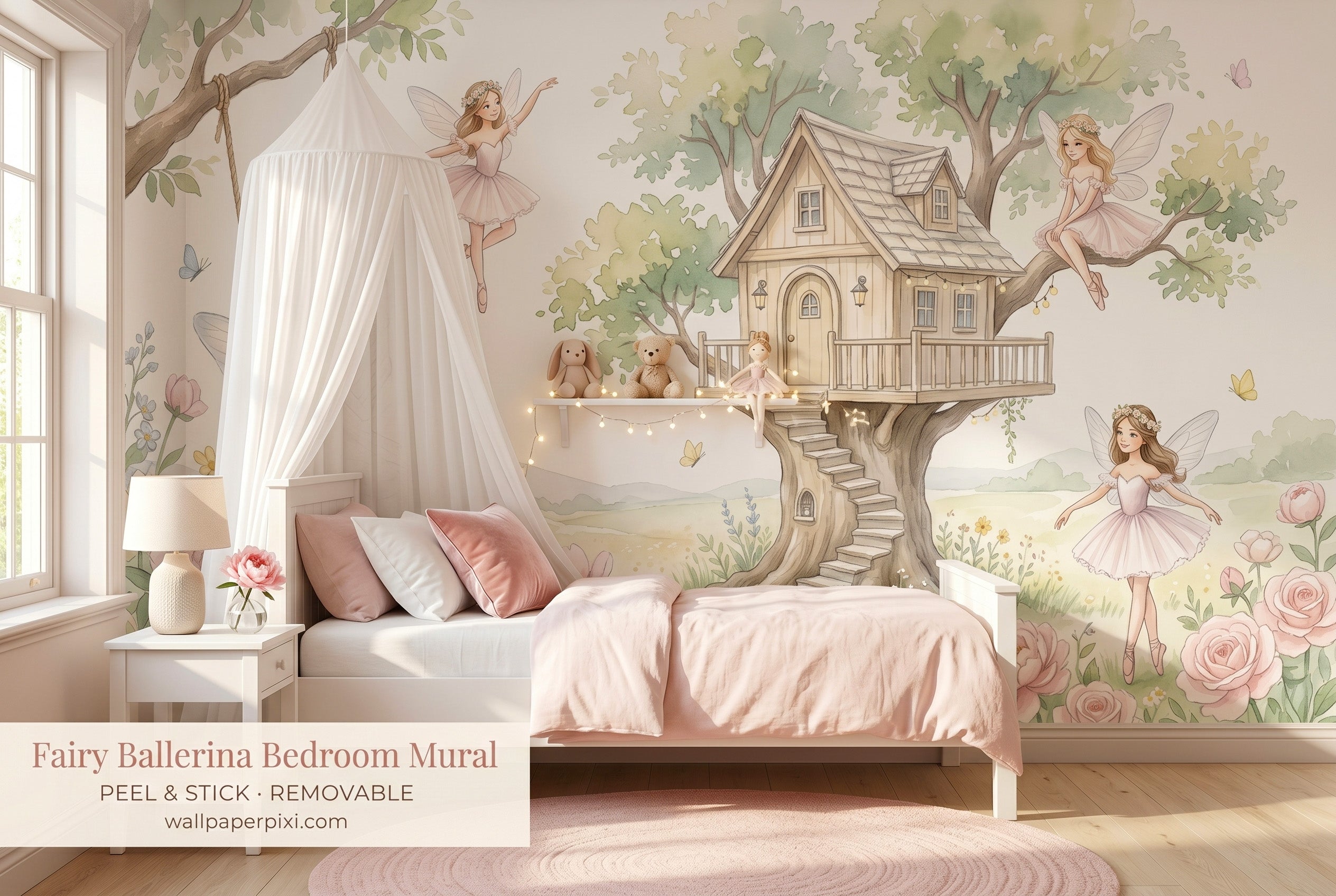 Watercolour fairy ballerina treehouse wallpaper mural in a bright girls bedroom behind a white bed with blush pink cushions and a canopy