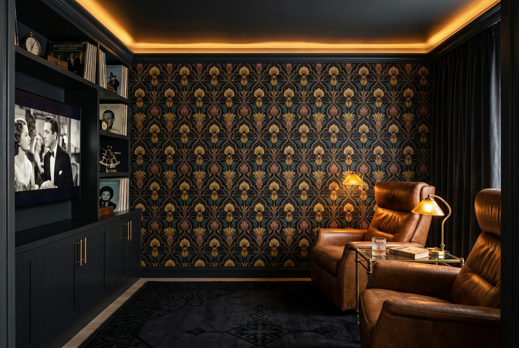 Dark Art Deco celestial damask wallpaper featuring antique gold ogee arch framework, ornate fan shell motifs, dusty rose floral forms, teal foliage, and scattered gold star details on a deep black background — premium luxury wallpaper by WallpaperPixi