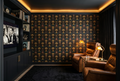 Dark Art Deco celestial damask wallpaper featuring antique gold ogee arch framework, ornate fan shell motifs, dusty rose floral forms, teal foliage, and scattered gold star details on a deep black background — premium luxury wallpaper by WallpaperPixi