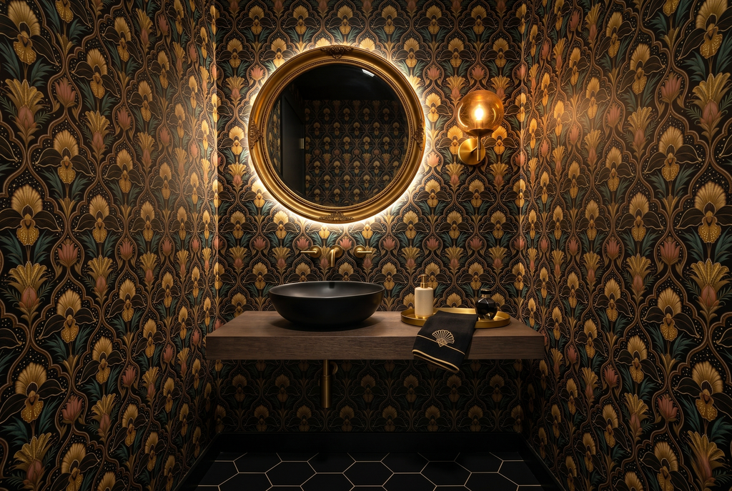 Dark Moody Wallpaper Art Deco Celestial Damask with Gold Floral & Stars for Bedroom and Living Room