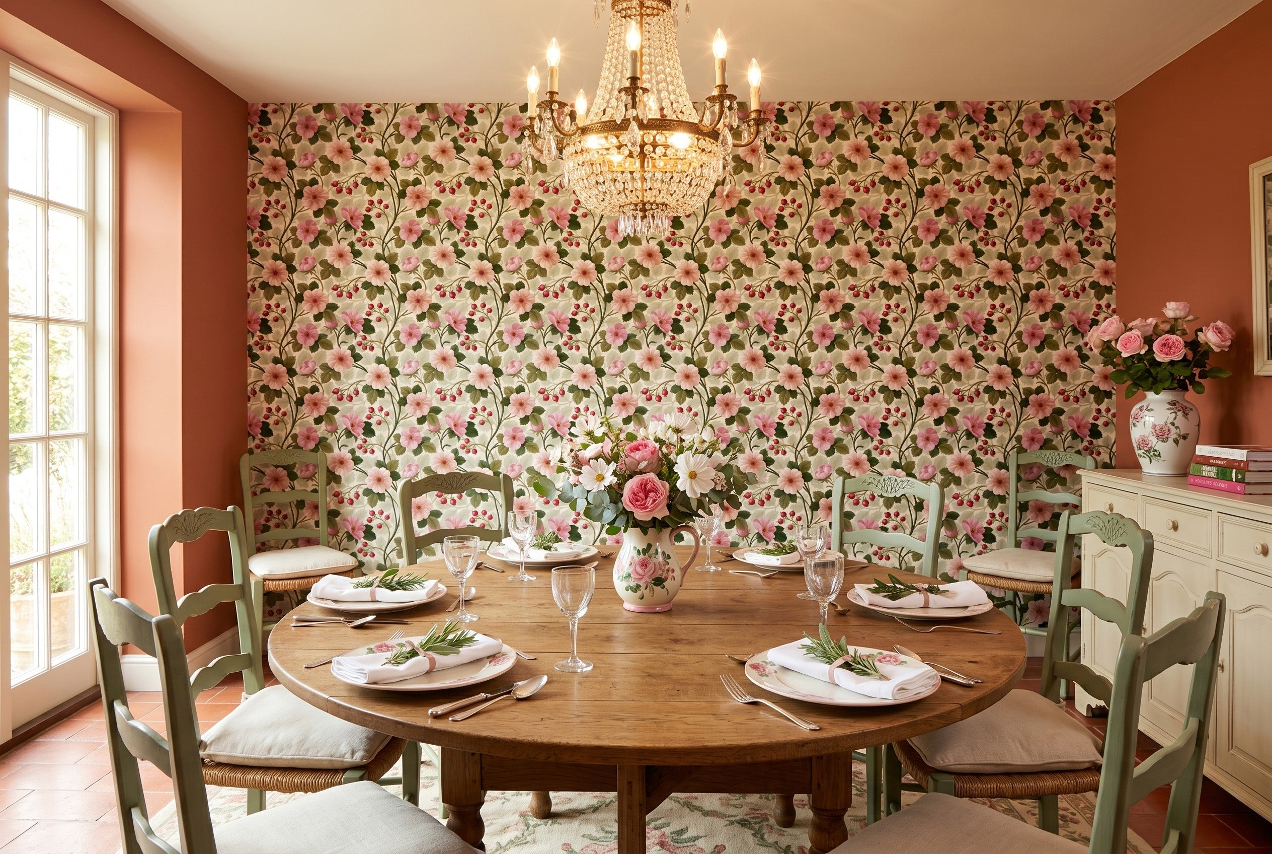 Vintage wild rose and berry wallpaper styled in a romantic country bedroom with iron bed frame, layered linen bedding, and brass lighting — peel and stick or traditional paste vintage wallpaper by WallpaperPixi