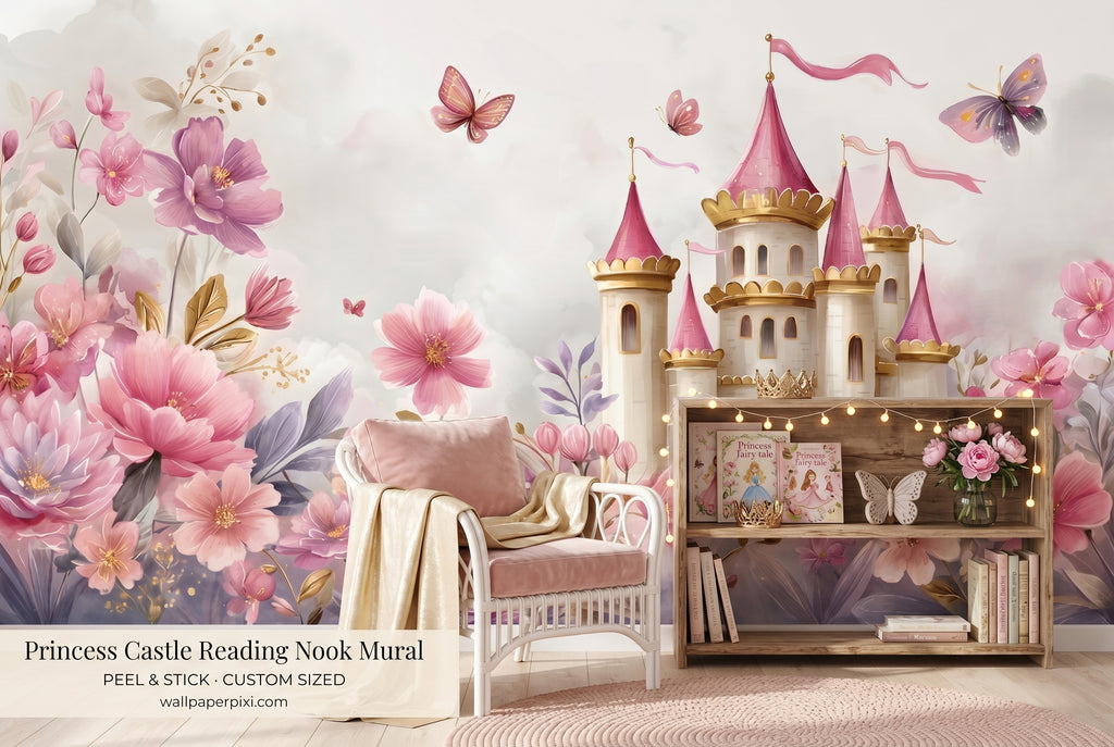 Girls room butterfly and castle wallpaper - non-toxic peel and stick mural
