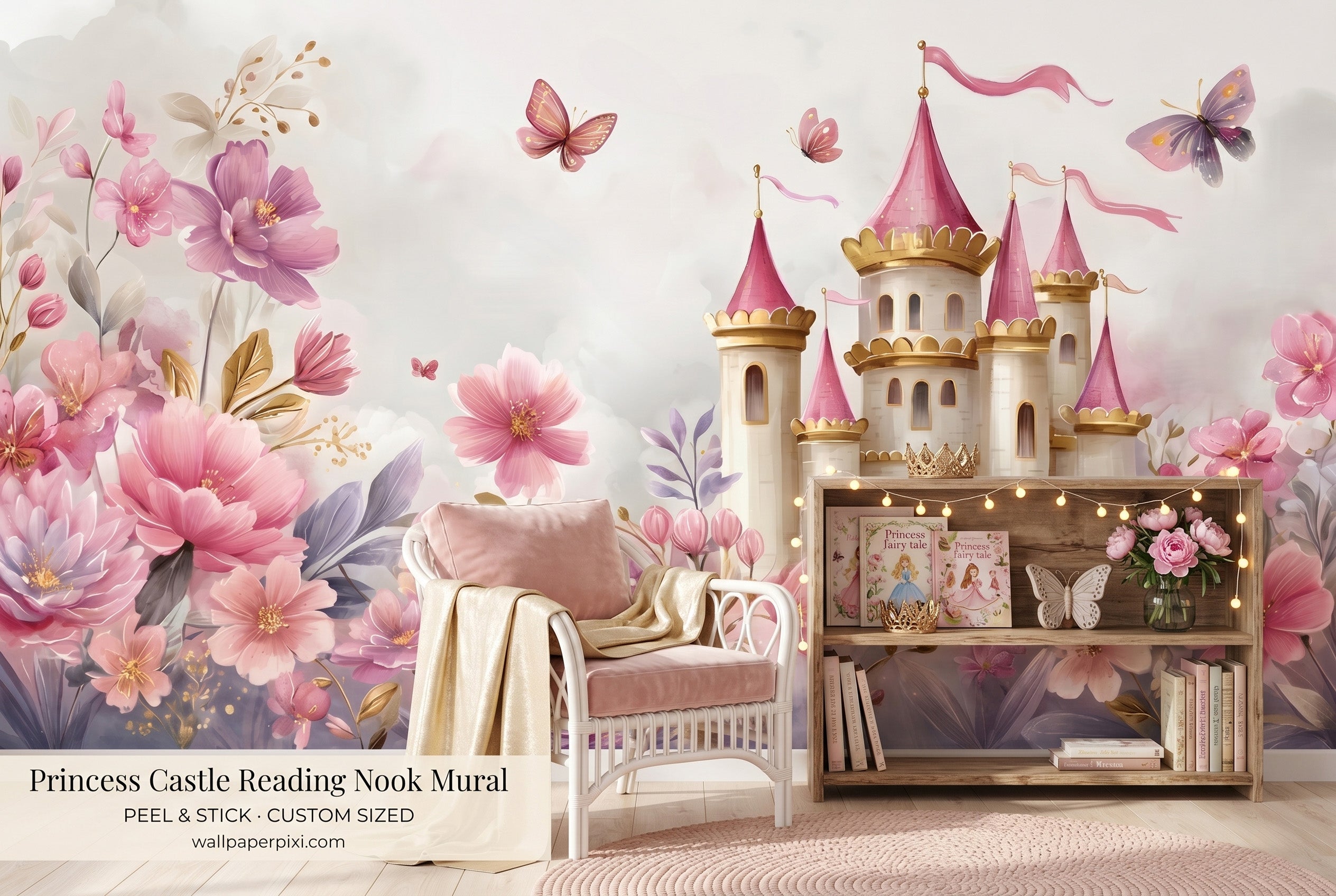Girls room butterfly and castle wallpaper - non-toxic peel and stick mural
