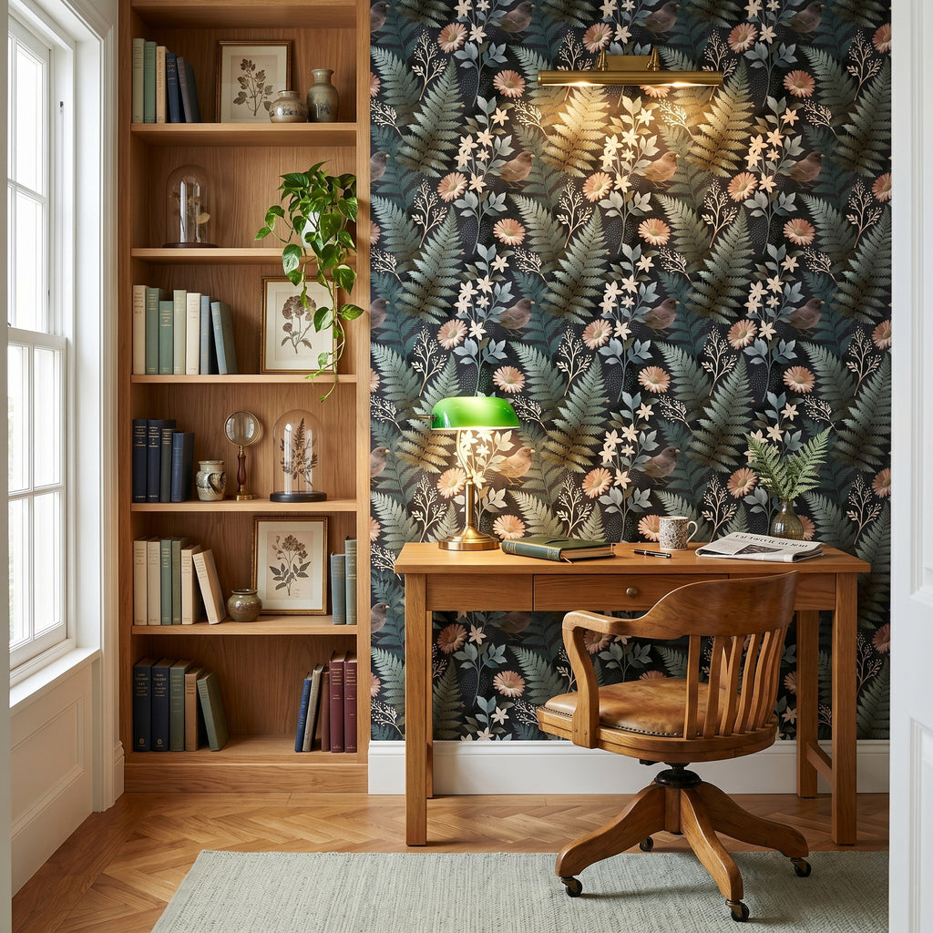 Dark botanical bird and fern wallpaper styled as a moody bedroom feature wall with sage linen bedding, brass lighting, and warm timber furniture — peel and stick or traditional paste wallpaper by WallpaperPixi