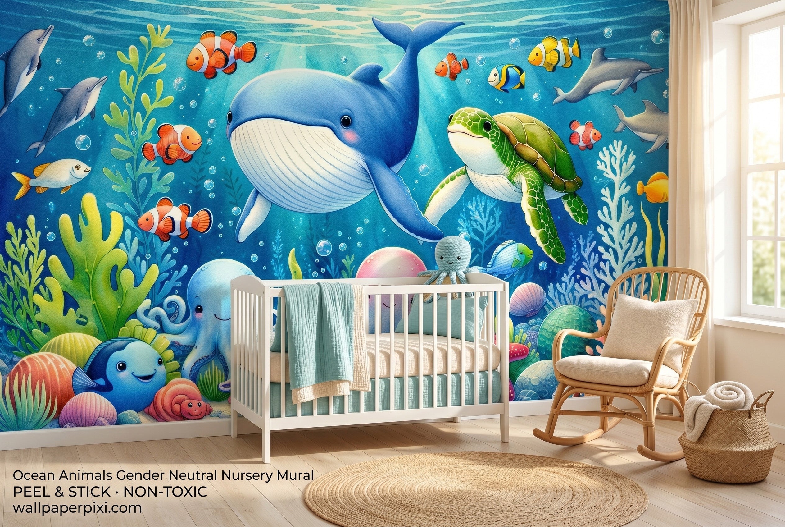 Ocean animals nursery wall mural in a bright gender-neutral baby room with a white crib aqua and cream bedding and a stuffed whale toy.