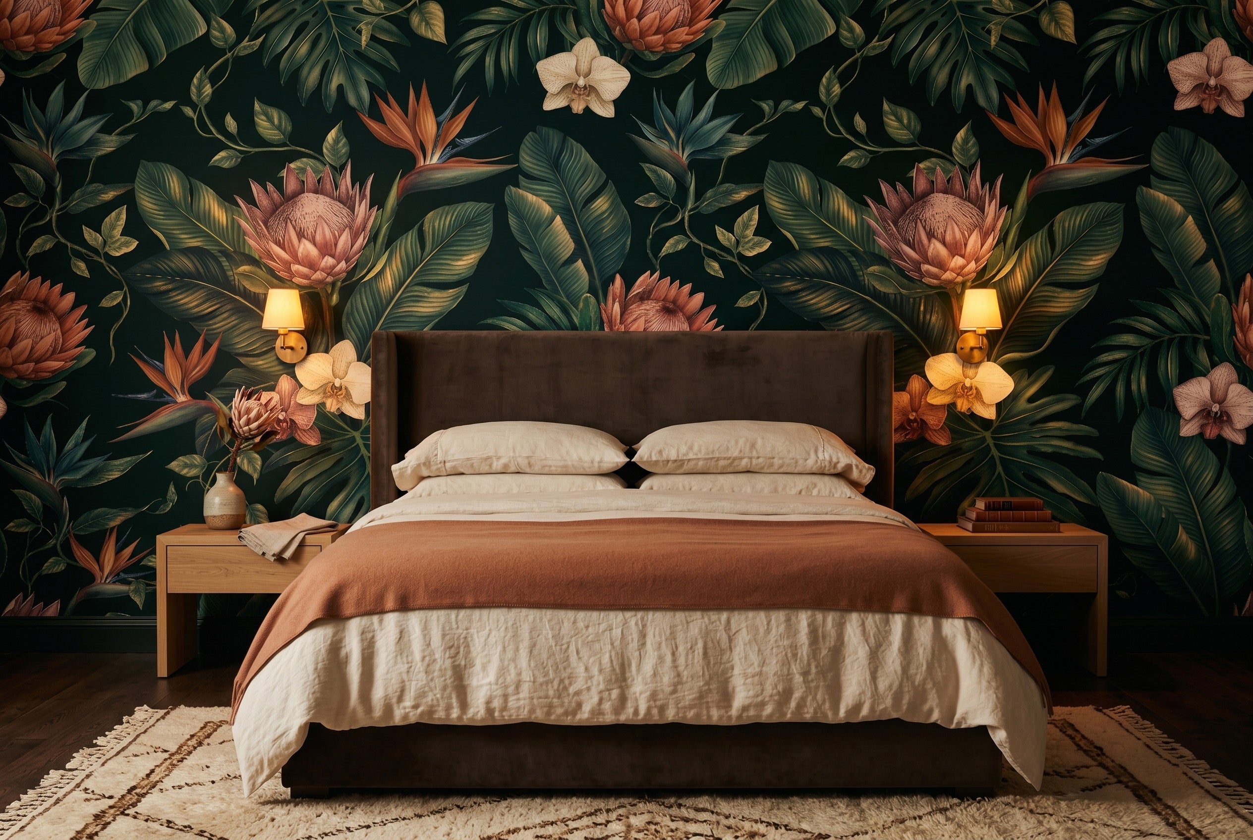 Dark Moody Tropical Wallpaper, Botanical Protea & Bird of Paradise Wall Mural for Living Room and Bedroom