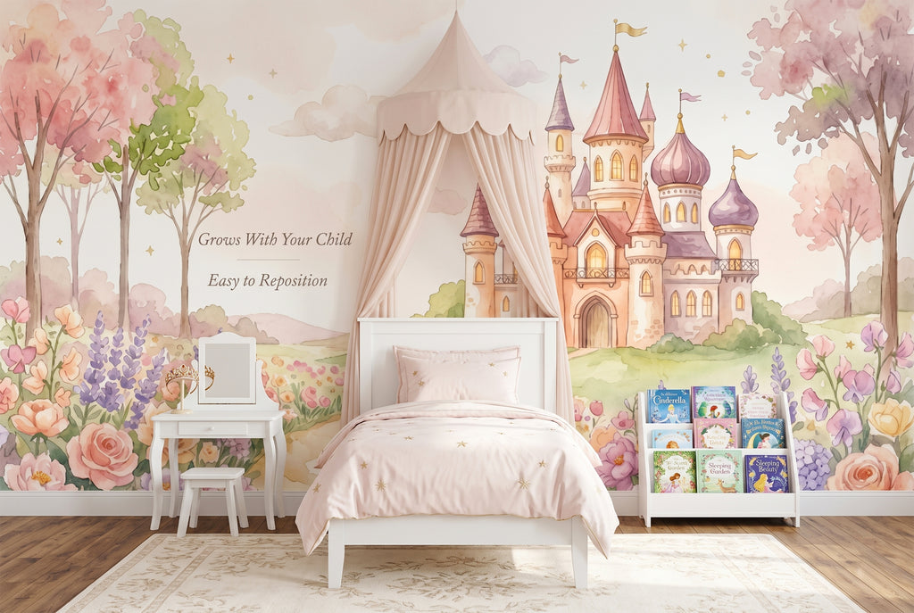 Pink Princess Castle Flower Garden Wall Mural | Watercolour Nursery Design