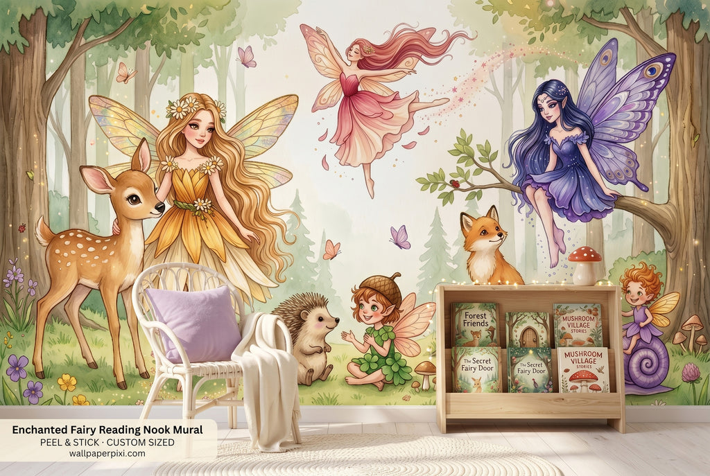 Woodland fairy watercolour wall mural in a bright girls bedroom behind a white bed with a cream canopy lavender cushions and soft natural light