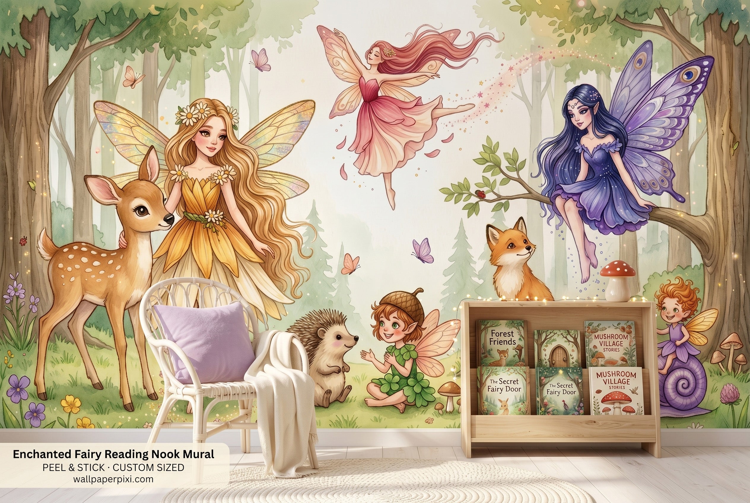 Woodland fairy watercolour wall mural in a bright girls bedroom behind a white bed with a cream canopy lavender cushions and soft natural light