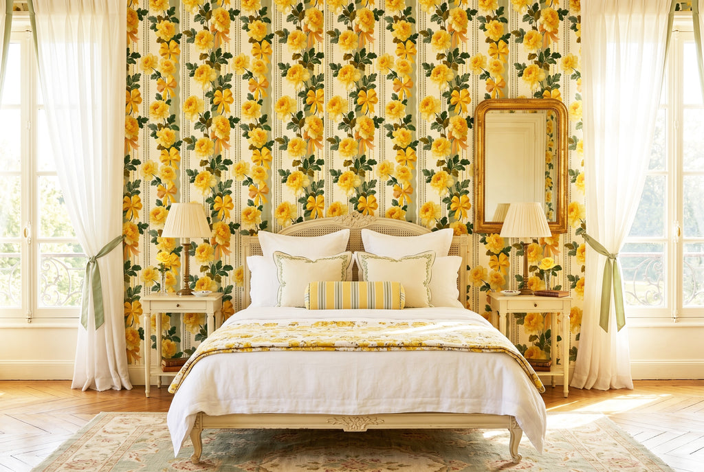 French provincial yellow rose wallpaper featuring vertical sage stripes, beaded pearl trails, golden yellow rose garlands with emerald foliage, and painted silk bows on a warm ivory background — premium French country vintage wallpaper by WallpaperPixi
