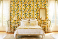 French provincial yellow rose wallpaper featuring vertical sage stripes, beaded pearl trails, golden yellow rose garlands with emerald foliage, and painted silk bows on a warm ivory background — premium French country vintage wallpaper by WallpaperPixi