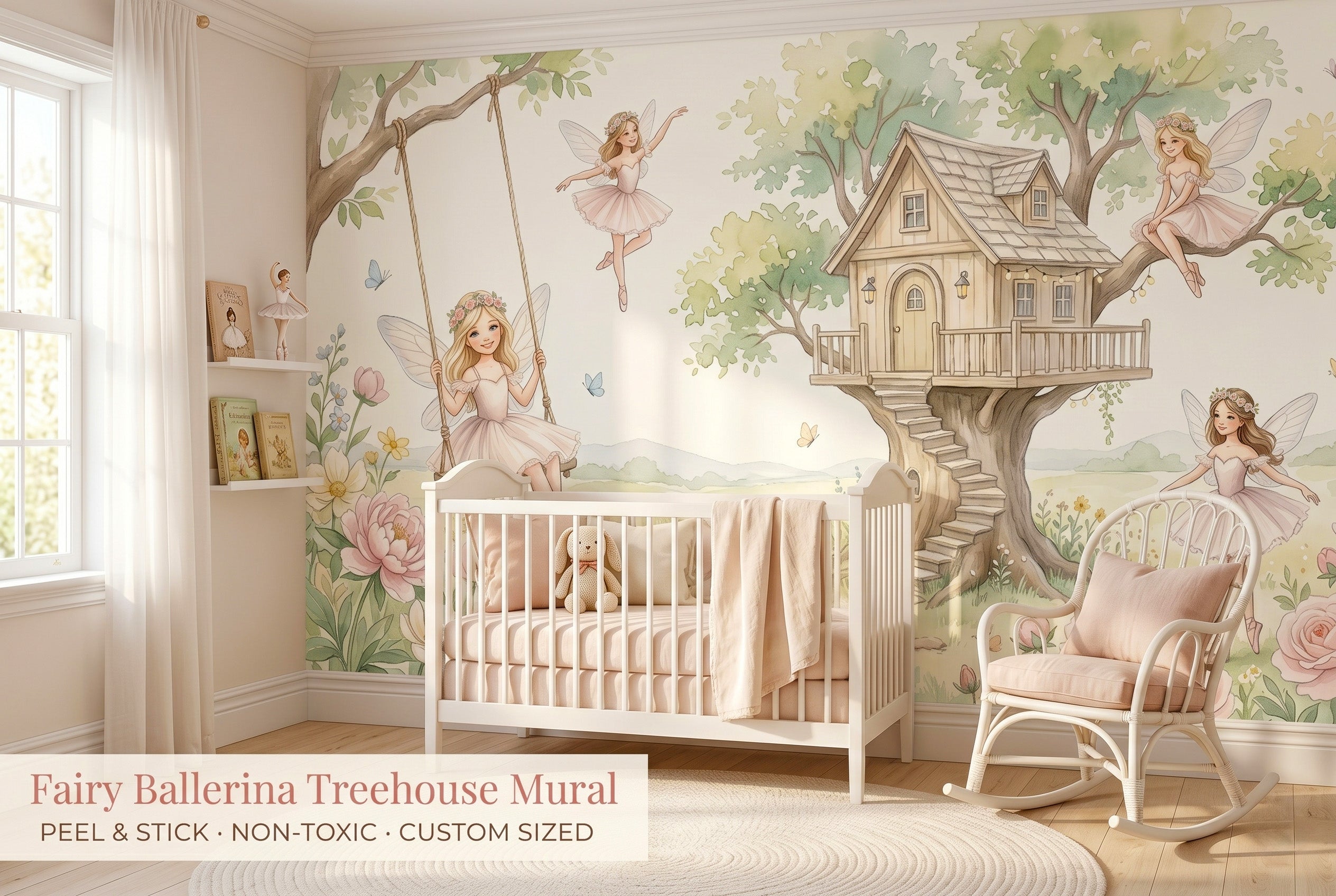 Fairy ballerina treehouse wall mural in a bright girls nursery with a white crib blush pink bedding and warm natural light.