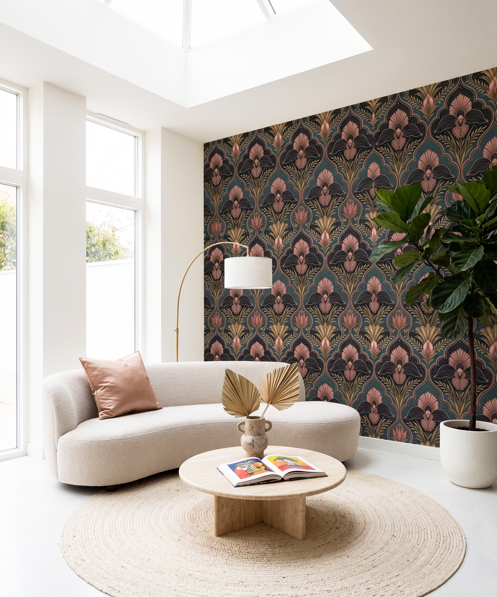 Art Deco Damask Dark Teal Wallpaper with Rose Gold Floral & Celestial Stars for Bedroom and Living Room