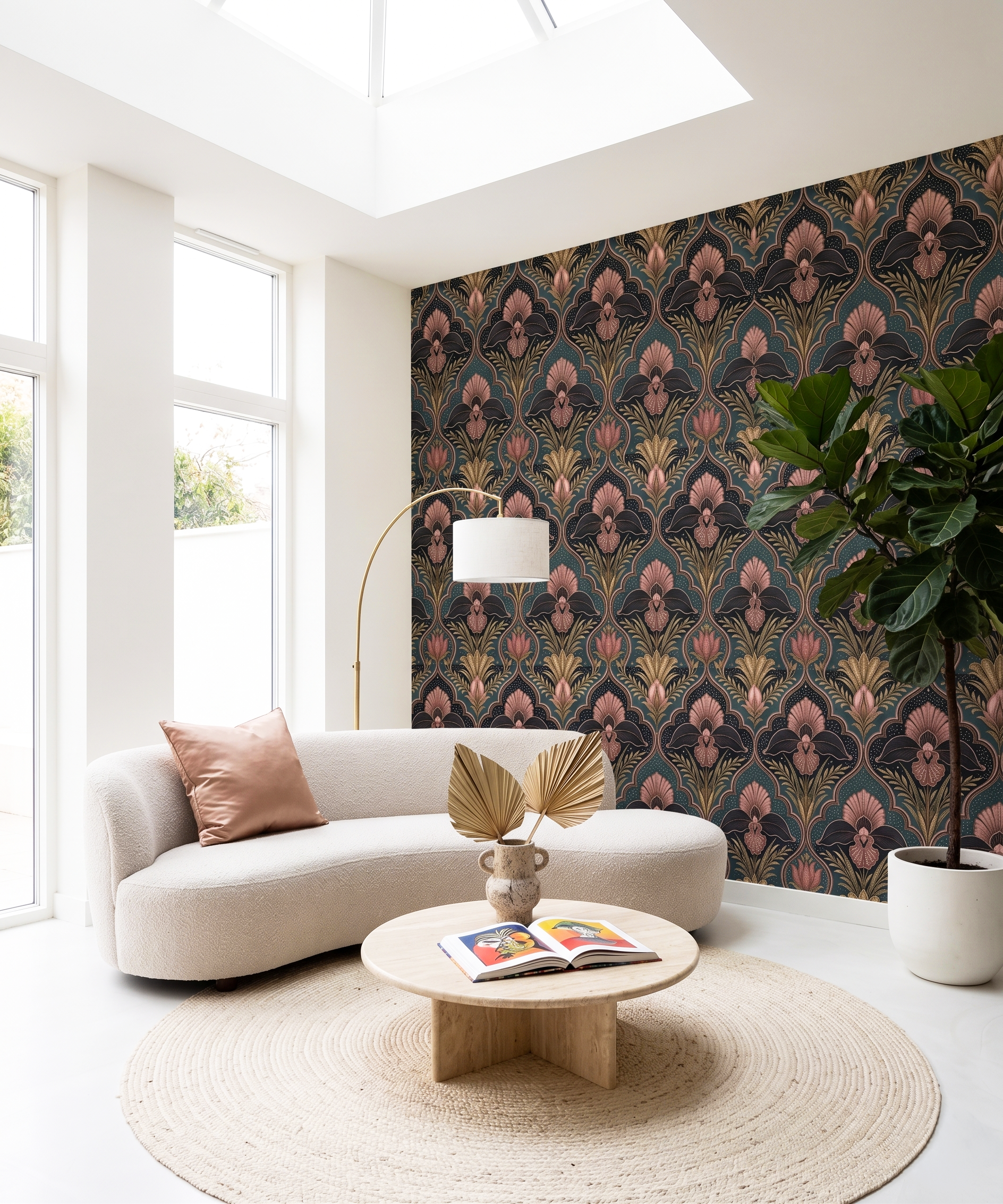 Art Deco Damask Dark Teal Wallpaper with Rose Gold Floral & Celestial Stars for Bedroom and Living Room