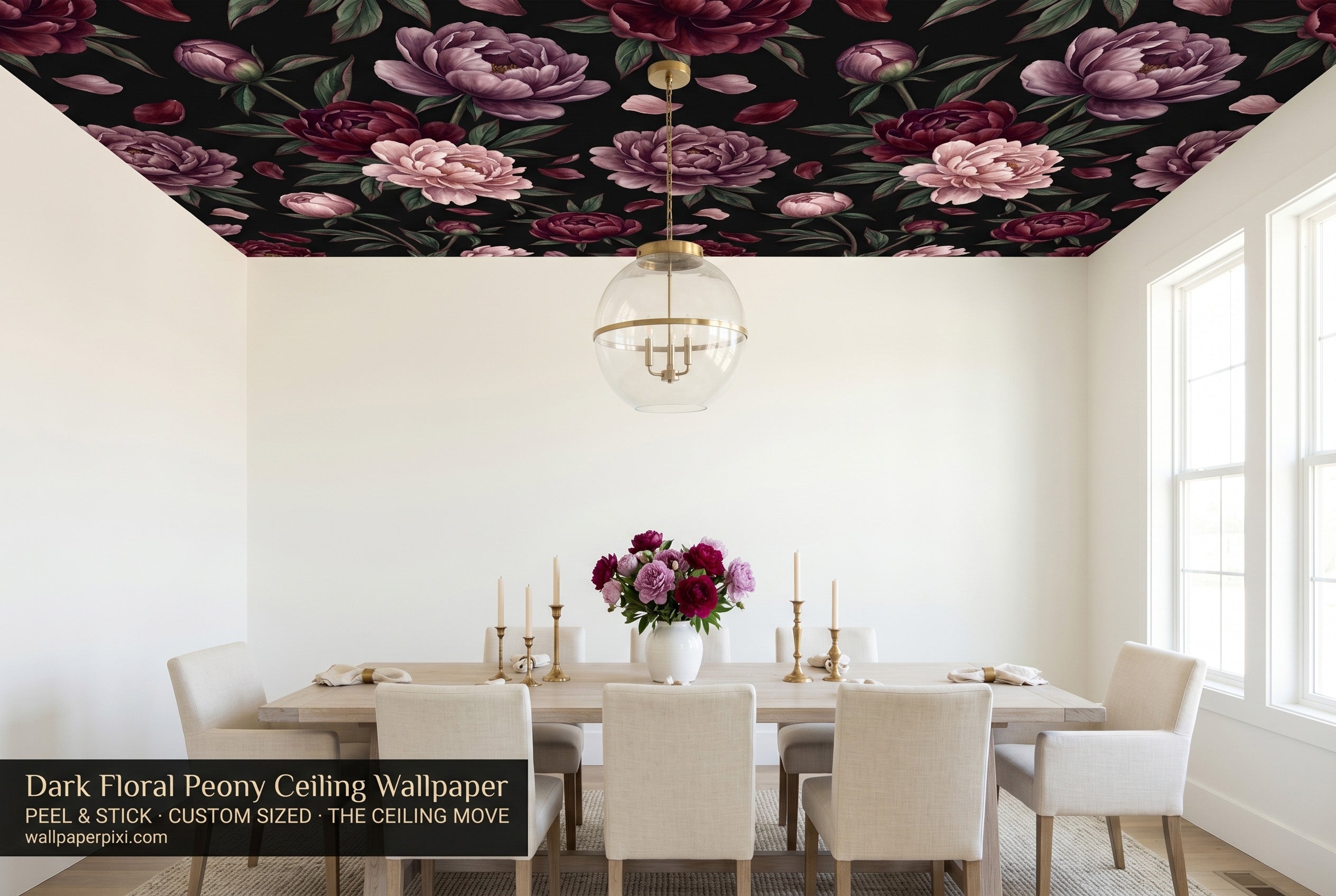 The ceiling is fully papered with the burgundy, mauve and blush peonies on black — looking up from the room the effect is like a lush dark floral canopy overhead.